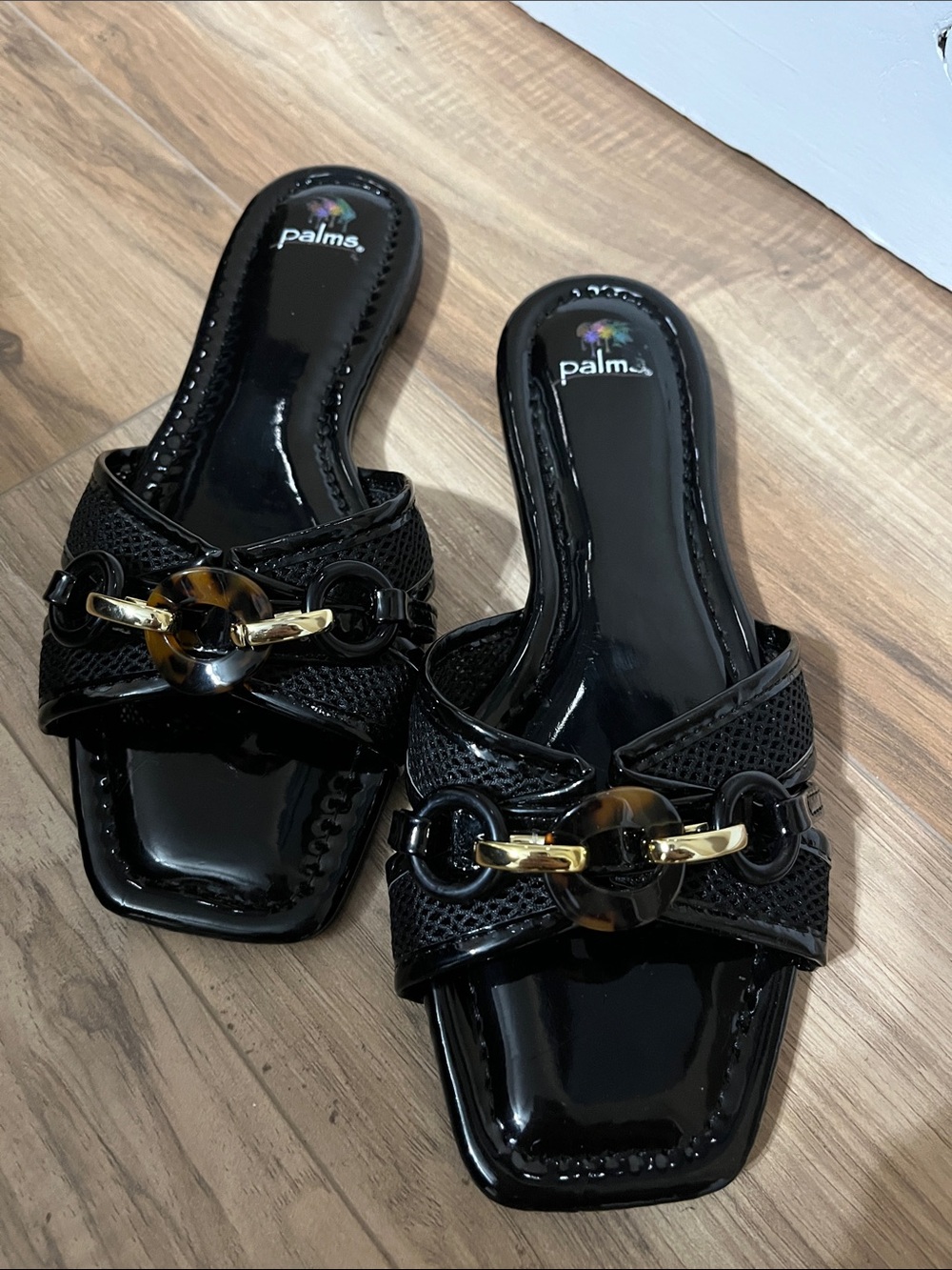 Black Patent Slide Mules with Tortoiseshell Chain Accent